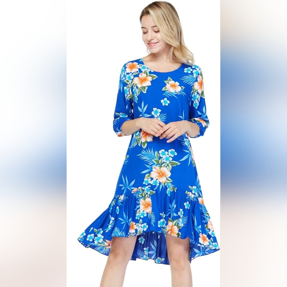 Blue and White Ruffled High Low Sundress with Bishop Sleeves